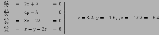 \begin{displaymath}
\left\vert
\begin{array}{lclc}
\frac{\partial L}{\partial x...
...\vert ~~\rightarrow ~~ x=3.2, ~ y=-1.6,~,z=-1.6 \lambda = -6.4
\end{displaymath}